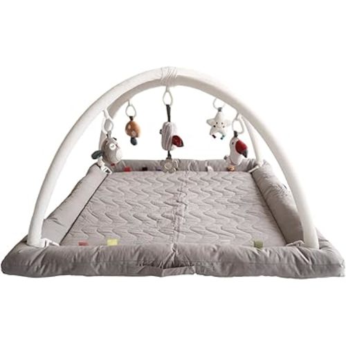 Play Gym with 5 Sensory Toys, Thick & Plush Playmat for Floor, Tummy Time Mat, Convertible Stage-Based Development from Baby to Toddler (Grey)