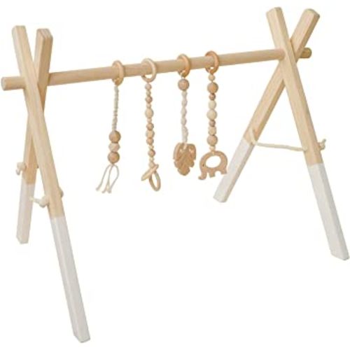 Poppyseed Play Wooden Baby Play Gym, Foldable Frame w/Hanging Bar, Tied Cotton Cord & Wooden Toys, Gender Neutral Baby Activity Set, Easy to Assemble (White Wood, Macrame Toys)