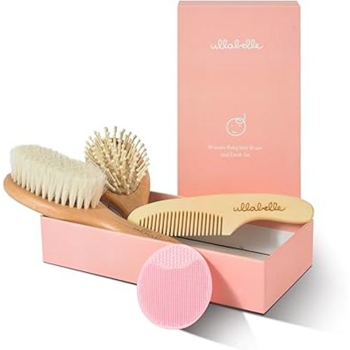 Ullabelle 4 Piece Wooden Baby Hair Brush and Comb Set for Newborns & Toddlers in Chic Gift Box - Ultra Soft Natural Goat Hair and Wood Baby Brush Set Prevents Cradle Cap - Perfect Registry Gift (Pink)