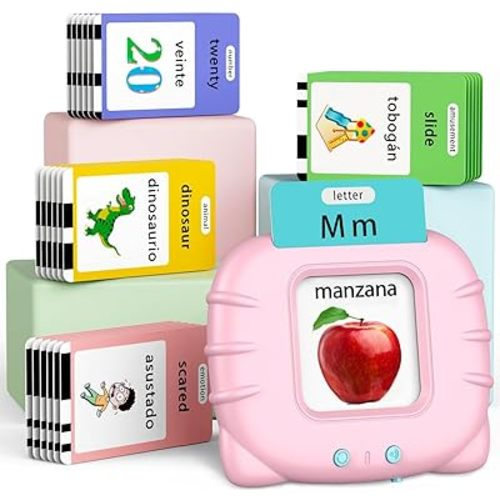 Bilingual Educational Toys, Spanish English 520 Sight Words Talking-Flash-Cards, Preschool-Learning-Activities, Montessori-Toys, Toddler Toys for 2 3 4 5 6 Year Old Boys and Girls, Pink