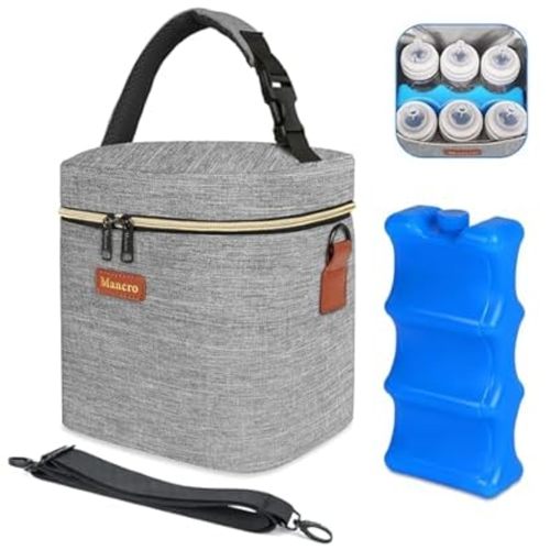 Mancro Baby Bottle Bag with Insulated Cooler, Fits 6 Baby Bottles Up to 9 Ounce with Ice Pack, Breastmilk Cooler Bag with Adjustable Shoulder Strap for Easy Carrying, Grey