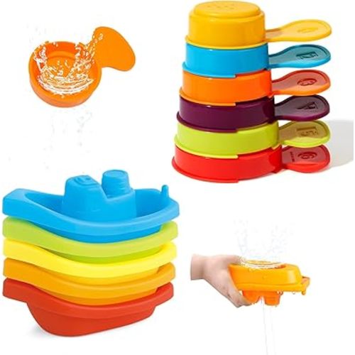 Bath Toys Floating Boats with Bathing Spoon, 11 Pack Water Table Bath Toys for Babies 6-12 Months/Kids Ages 1-3, Baby Bathtub Pool Beach Toys, Stackable Toys for Learning