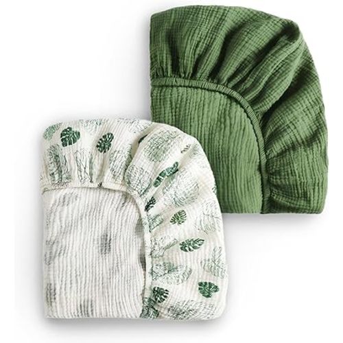 Blissful Diary Muslin Crib Sheets for Girl Boy, Boho Neutral Soft Cotton Baby Sheet for 52''x28'' Standard Crib Mattress, 2 Pack(Monstera&Dark Green)