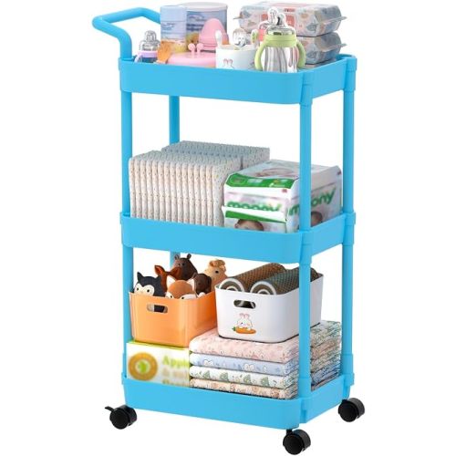 Volnamal 3-Tier Baby Diaper Caddy, Plastic Diaper Cart, Blue