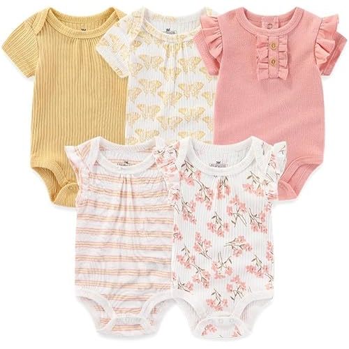 Baby Boy Girl Short Sleeve Romper Infants Outfit New Born Unisex-Baby 100% Cotton Bodysuits 5-Pack 0-12 Month