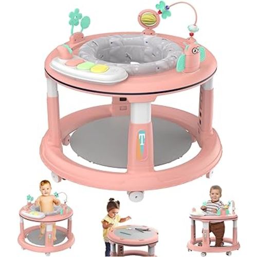 Baby Walker with 5 Adjustable Heights, Baby Walkers and Activity Center for Boys Girls Babies 6-12 Months, Features 360 Degree Swivel Seat, Music, Detachable Toys, Bounce Foot pad(Pink)…