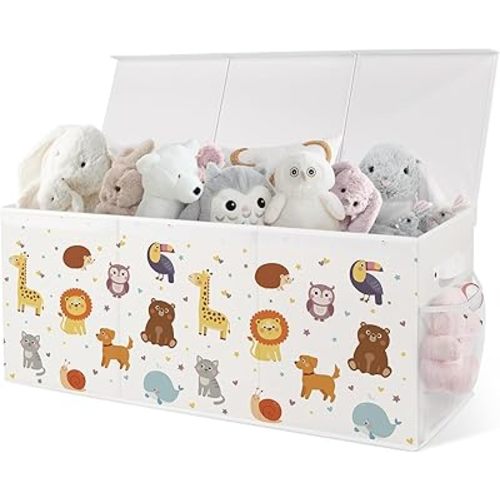 Extra Large Collapsible Toy Box with Lids, Sturdy Storage Organizer for Kids, 38"x16"x13" Toy Chest for Playroom, Nursery, Bedroom, Living Room (Chubby Animals)