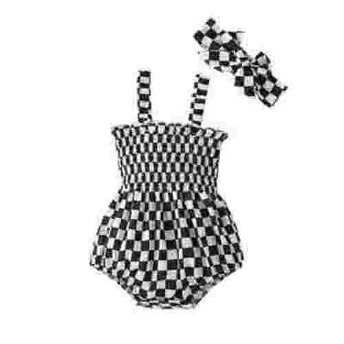 Baby Girls Sleeveless Romper and Bow Headband Set Flower/Plaid Pattern Bodysuit Infant Summer Clothing