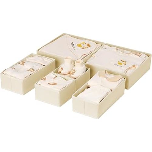 DIMJ Drawer Organizer Clothes 6 Pack - Foldable Baby Organizers and Storage & Dresser Organizer for Bedroom, Closet - Nursery Organization Dresser Dividers for underwear, Sock,Bra, Belt, Tie, Beige
