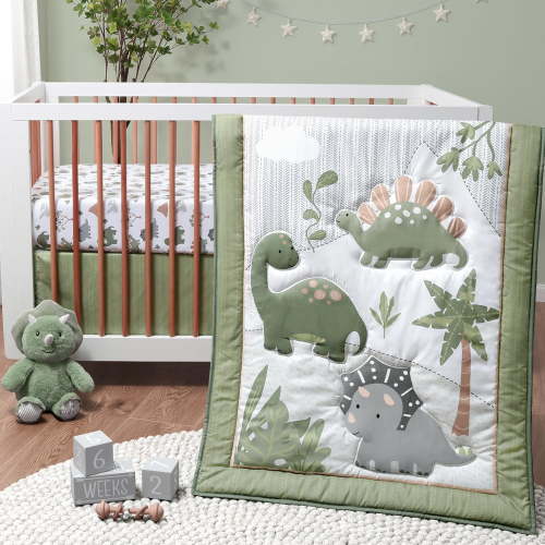 PAWTY 3 Piece Baby Crib Bedding Set for Boys - Newborn, Infant & Toddler Nursery Bed Set Decor with Fitted Crib Sheet, Dust Ruffle Comforter - Dinosaur Dreams