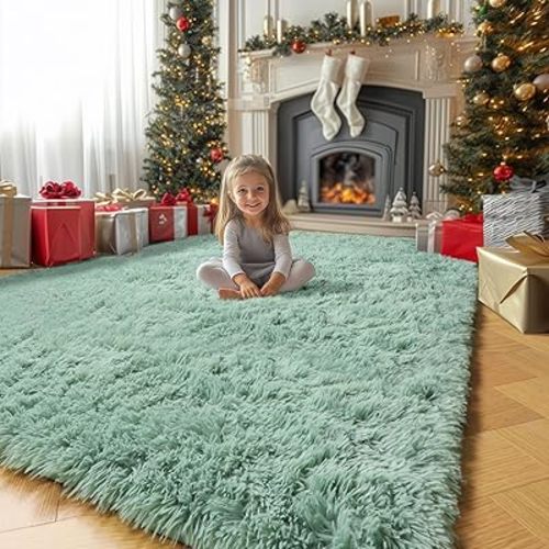 Amdrebio Sage Green Area Rugs for Bedroom Aesthetic, Fluffy Furry Rugs for Nursery, Classroom, Teen Boys, Baby Kids Room Decor, Cute Shaggy Carpet for Living Room Dorm, Fuzzy Plush Light Mint Rug 4x6