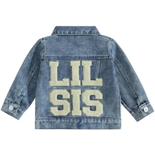 VISGOGO Toddler Baby Girl Jacket Big Lil Sister/Brother Letter Embroidery Jean Long Sleeve Cardigan Button Denim Coat