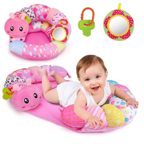 2 in 1 Baby Tummy Time Mat & Support Seated Pillow Infant Newborn Toys 0 1 2 3 4 5 6 Months Pink Caterpillar Sensory Developmental Playmat 0-6 3-6 12 Month Babies Mirror Shower Gifts for Girls Boys