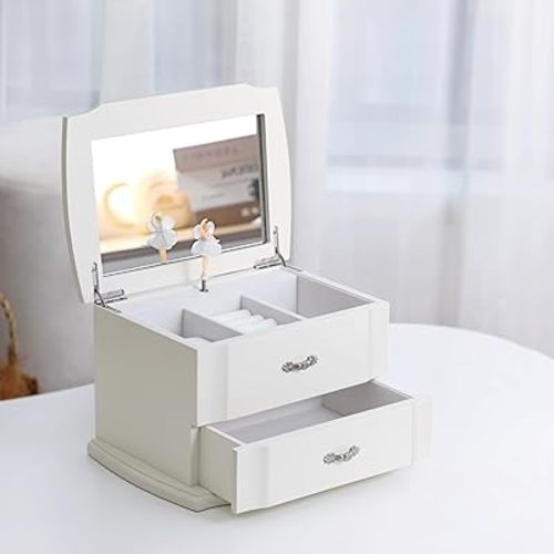 White Double Layer Ballerina Musical Jewelry Box with Mirror for Girls and Women,Jewelry Storage Music Chest,Gifts for Christmas, Birthday and all Holidays