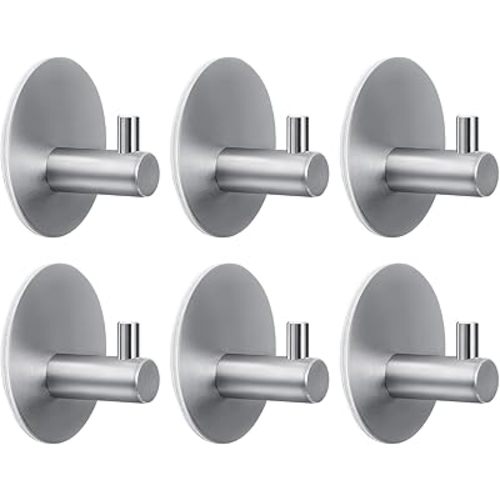 HouseAid Self Adhesive Circle Towel Hooks, No Drilling Stainless Steel Robe Hook Holder, Brushed Nickel (6 Pack)