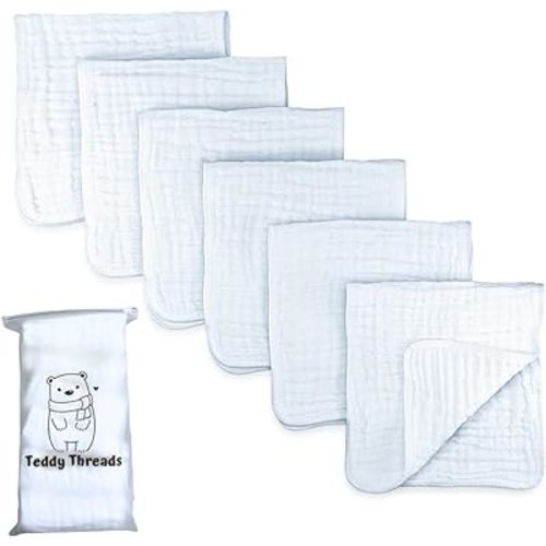 Organic Cotton Muslin Burp Cloths, Large 20"x10" 6-Pack, Soft Absorbent Newborn Essentials, White, No Dye