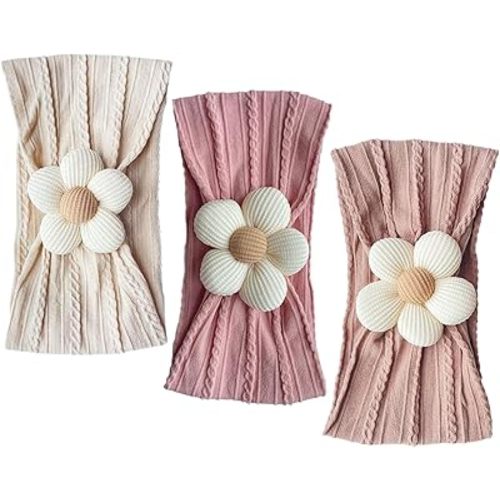 Nirvany 3 Pcs Baby Flower Headband, Nylon Baby Girl Headbands Soft Hairbands Baby Girl Accessories for Newborn Infant Toddler(Beige Pink Khaki)