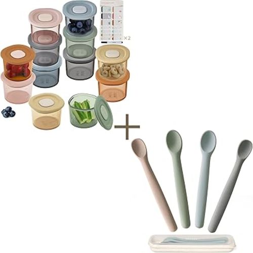 Moonkie Silicone Baby Food Storage & Spoon Set | 4 oz Airtight Baby Food Jars with Lids + 4 Silicone Feeding Spoons | Reusable, Microwave & Dishwasher Safe | Toddler Weaning Essentials