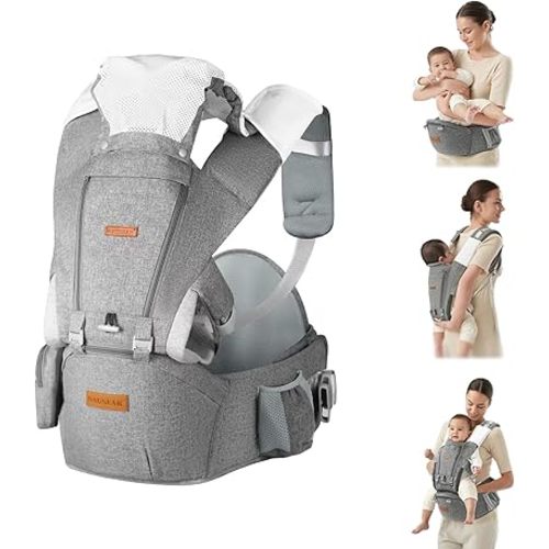 Baby Carrier Newborn to Toddler with Hip Seat & Lumbar Support, 9-in-1 Safety-Certified Wrap Carrier (4-36 Months/7-45lb) - Breathable Mesh Ergonomic Design for Front/Back/Hip Carry, Grey