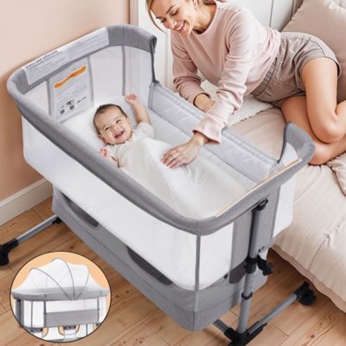 Vomeast Baby Bassinet Bedside Sleeper, 4 in 1 Baby Bassinets for Babies, with Wheels, Adjustable Height, Storage Basket, Mosquito Net for Newborns Infants - Light Gray