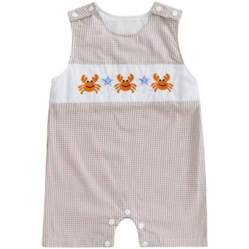 Newborn Baby Boys Sleeveless Seersucker Romper One Piece Straps Overalls Striped Jumpsuit Summer Smocked Clothes