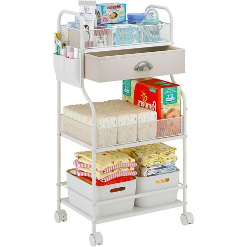 Baby Diaper Caddy Cart Organizer -3 Tier, Bedside Nursery Essentials Cart & Storage Holder for Newborn Baby Stuff, 2+1 Dividers, 1 Drawer,Rolling Utility Cart for Bedroom,Changing Table, Crib