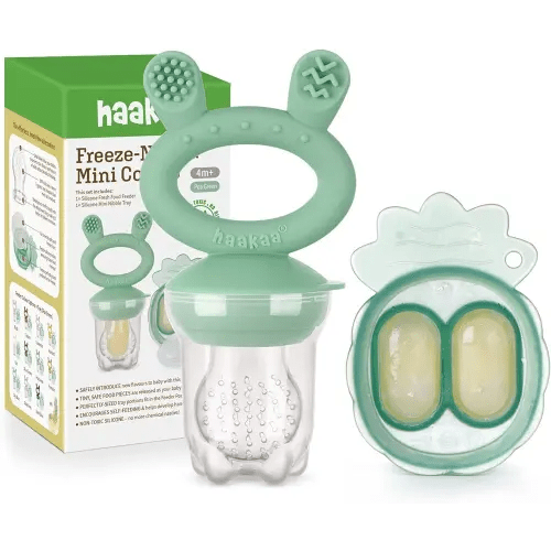 Haakaa Baby Fruit Food Feeder & Mini Freezer Nibble Tray Combo, Breastmilk Popsicle Molds for Cooling Relief, BPA Free Silicone Feeder for Safe Infant Self Feeding, 4 Month+ (Pea Green)