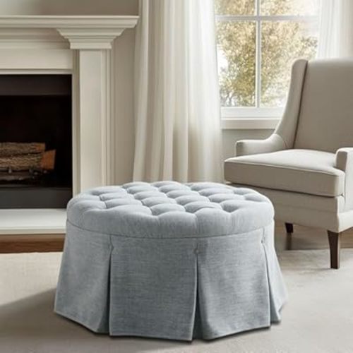 Martha Stewart Cocktail Ottoman for Living Room Fully Upholstered, Button Tufted Round Ottoman Footrest, Pleated Skirt, Extra Seating Bedroom Ottoman Furniture Decor, Terry, 32" W, Light Blue