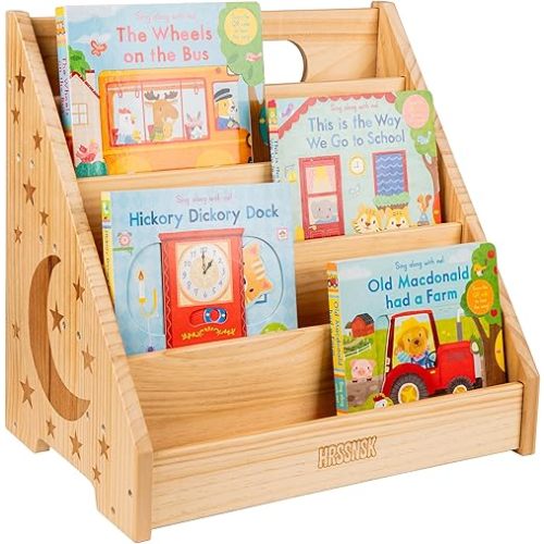 Wooden Kids Bookshelf for Toddlers Ages 1-3 - Compact Baby Book Shelf Montessori Style - Front-Facing Book Organizer Storage for Nursery Playroom Bedroom - Easy Assembly