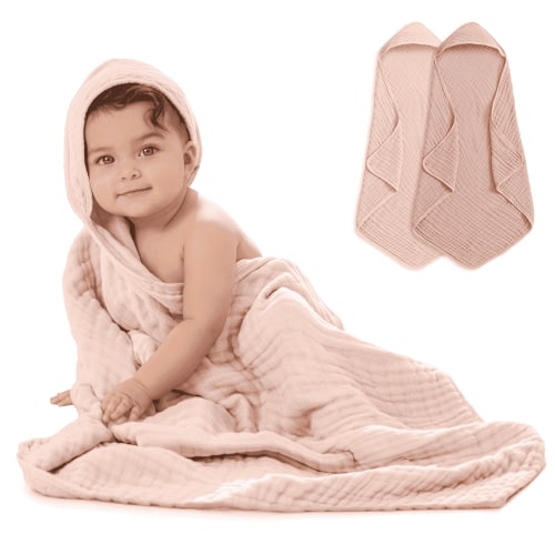 Comfy Cubs Hooded Baby Towels 2-Pack, Large 32" x 32" - 6 Layer, 100% Muslin Cotton, Mauve and Blush
