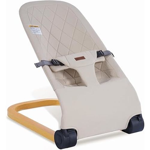 Baby Bouncer,Portable Baby Bouncer seat for Babies Newborn Bouncer Seat with 3-Point Harness.Ergonomic Design Infants Bouncy seat with Cotton Fabric Wood Grain,Natural Vibrations (Beige)
