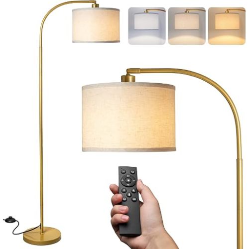 LALISU Arc Floor Lamps for Living Room, Modern Standing Lamp with Remote Dimmable Floor Lamp with Linen Shade, Tall Lamp for Bedroom Office Dining Room (Gold)