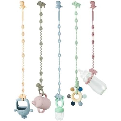 PandaEar Baby Toy Straps - 5 Pack Dinosaur Silicone Pacifier Teether Harness Straps - Adjustable Baby Toy Holder for Bottles, Strollers, High Chairs, Cribs