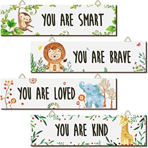 Chunful 4 piezas de decoración de guardería sin marco, arte de pared motivacional para habitación de niñas, decoración de pared adorable con citas inspiradoras para niños y niñas (animales del bosque)