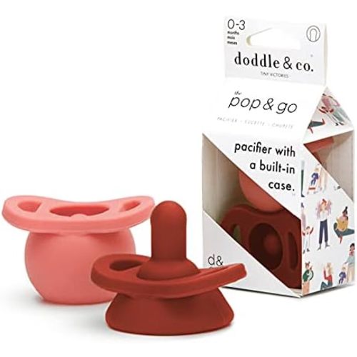 Doodle & Co. Pop & Go Pacifier for New Born Babies with Built-in Case | Pinch to Close Version | 100% Silicone for Infants Without Teeth | Helps Promote Oral Development | Peach/Rust | 0-3 Months