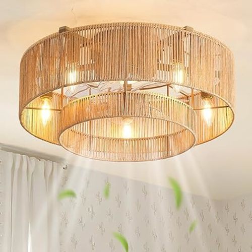 20'' Rattan Boho Ceiling Fan with Light, Enclosed Caged Ceiling Fans with Lights and Remote Control, Coastal Flush Mount with Reversible 6 Speeds for Living Room Bedroom Kitchen