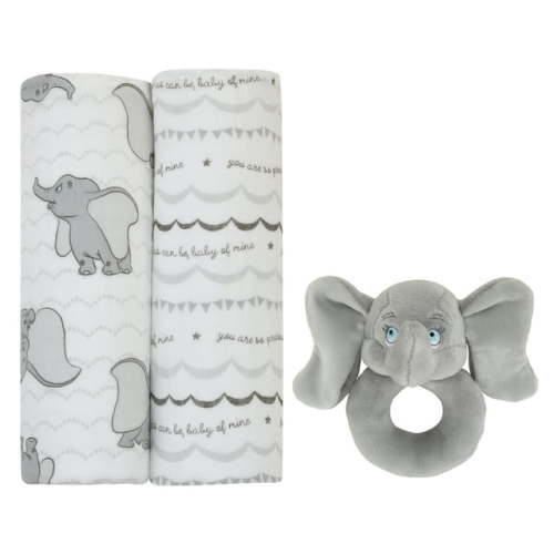Disney Dumbo White and Grey 2Pk Muslin Swaddles with Plush Rattle