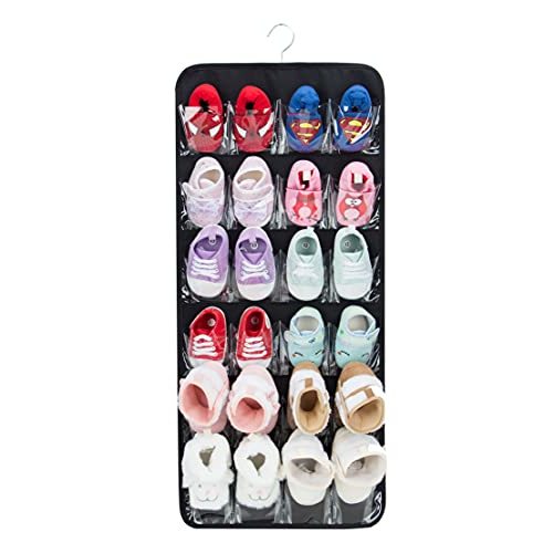 PACMAXI Over The Door Shoes Organizer for 12 Pairs of Baby Shoes Boys Girl, Hanging Baby Shoe Organizer with Hanger(Polyester Material-Black)