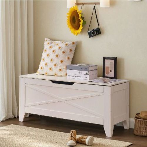VECELO 43" Storage Ottoman Wooden Bench with Wicker-Knot Cushions Toy Box Organizer with Safety Hinges Log Color