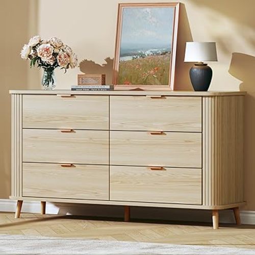 Mid Century Modern Dresser, Fluted 6 Drawers Dresser for Bedroom, Curved Profile Design, Wide Wood Chests of Drawers Storage for Entryway, Hallway, Oak