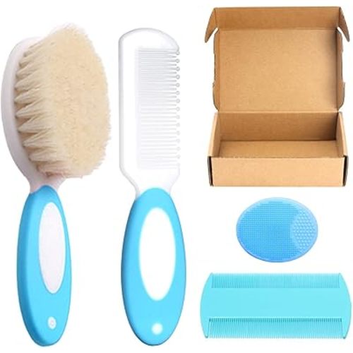 Baby Hair Brush and Comb Set, 4Pcs Baby Soft Bristles Brush Cradle Cap Brush Hair Comb for Newborns Toddlers Boys Girls (Blue)