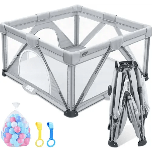 ANGELBLISS Baby Playpen, Foldable Playpen for Babies and Toddlers, Indoor & Outdoor Baby Activity Center with Visible Breathable Mesh, Portable Play Yard with 2 Handlers+50 Balls-50”×50”(Grey)