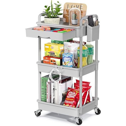 3-Tier Rolling Cart with Drawer & Lockable Wheels, Plastic Shelf Storage Organizer Cart – Easy Assembly, Waterproof Design for Kitchen, Bathroom, Office, Gray