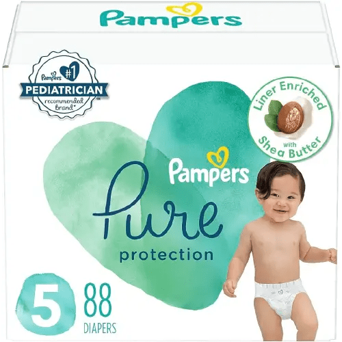 Diapers Size 5, 88 Count - Pampers Pure Protection Disposable Baby Diapers, Hypoallergenic and Unscented Protection, Enormous Pack (Packaging & Prints May Vary)