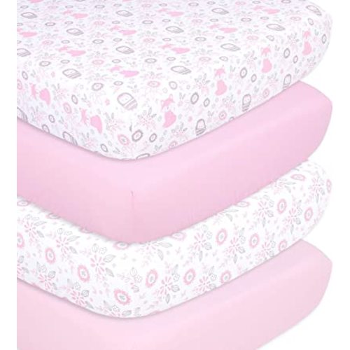 The Peanutshell Pink Woodland Floral Fitted Crib Sheet Set for Baby Girls (Pink Woodland)