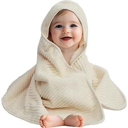 ORIGINAL KIDS Hooded Baby Towel - 100% Cotton Luxurious Sculpted Super Zero Twist Baby Bath Towel with Hood - Boys Girls Infant Toddler - 600 GSM Soft Absorbent Newborn Bath Essentials -30x30- Vanilla