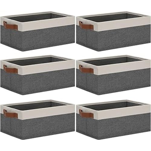 GhvyenntteS Small Fabric Storage Bins 6 Pack, 11.8" x 7.87" x 5.11" Storage Basket with Leather Handles, Closet Storage Bins for Shelves, Storage Baskets for Shelves, DVD Storage (Grey/White)