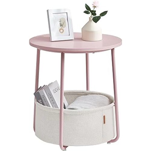 VASAGLE Small Round Side End Table, Modern Nightstand with Fabric Basket, Jelly Pink and Cream White ULET223R61