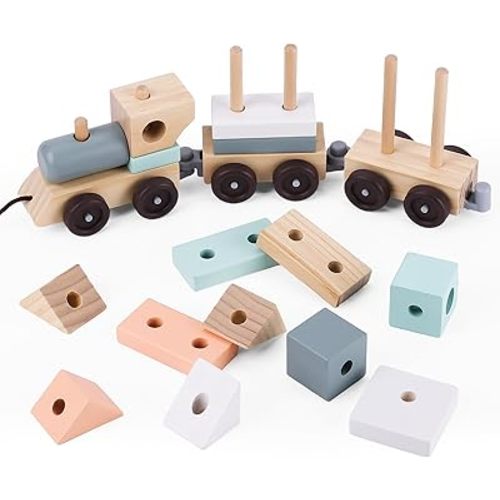umu Stacking Train - Classic Wooden Toy (17 pcs) - Train Set, Wooden Sorting & Stacking Toys for Toddlers Ages 2+ Years Old, Multi-Colored