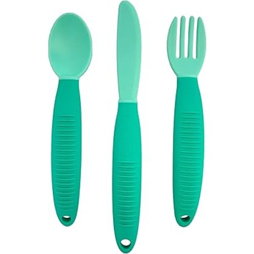BUSY BABY Eating Utensils for Babies & Toddlers | Fork, Spoon, & Knife | Food-Grade Silicone & Tritan Plastic | Dishwasher Safe, BPA Free (Spearmint)